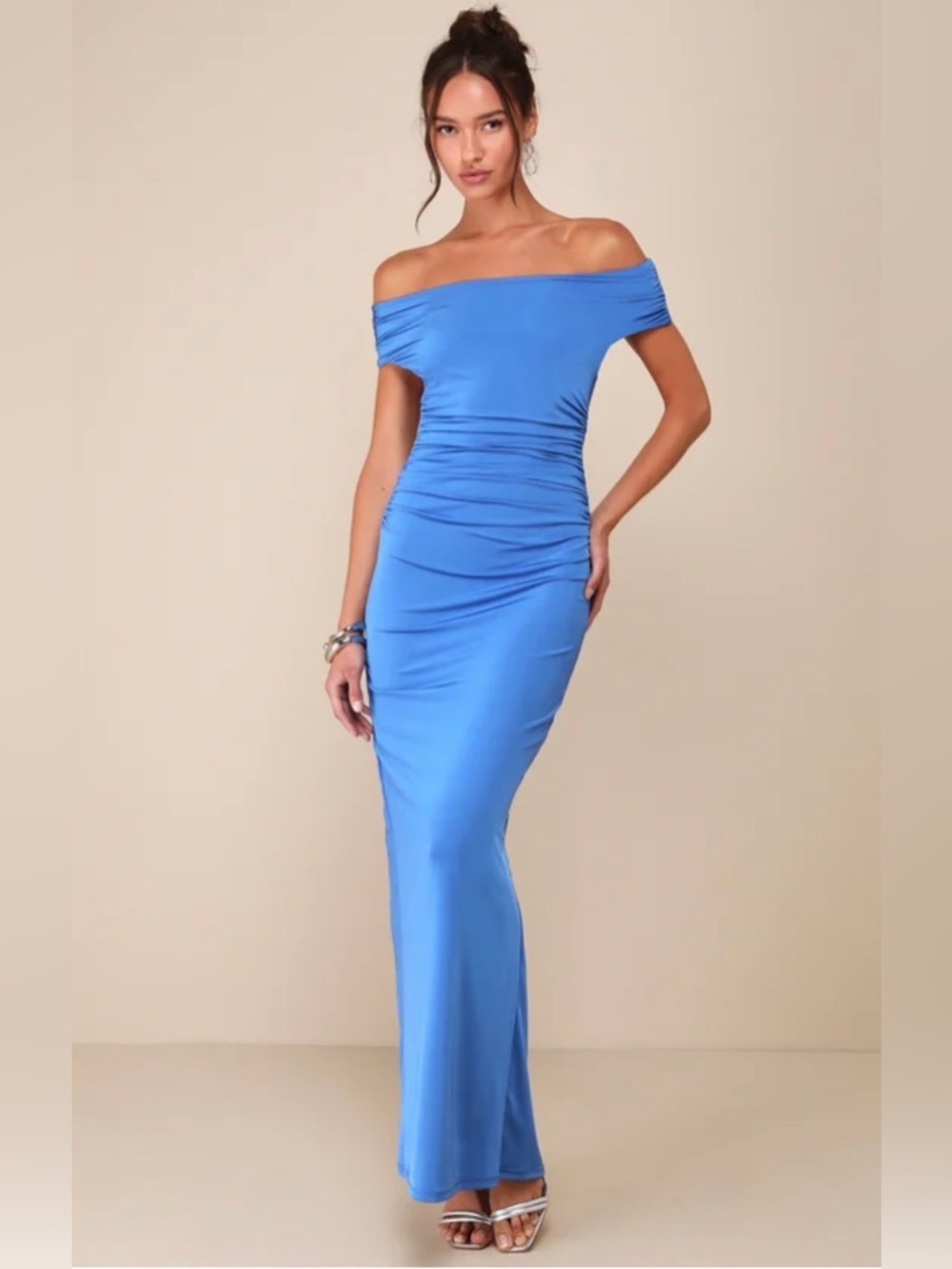 Lulus Brilliant Elegance Blue Off-the-Shoulder Backless Maxi Dress M NWT